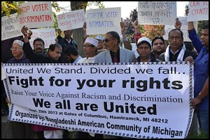 Members of the Bangladeshi and Yemeni community protested in Zussman Park after three Bengali men were charged with illegally handling absentee ballots.