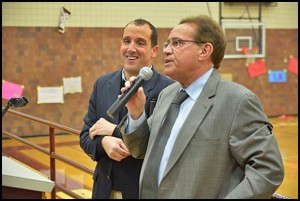 Hamtramck Public School Superintendent Tom Niczay introduces attorney Richard Bernstein who gave a talk to students about how he overcame many challenges in life, including being born blind.
