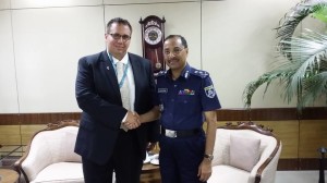 Hamtramck Police Chief Max Garbarino (left) meets with the Inspector General of the Bangladesh Police during his visit to Bangladesh.