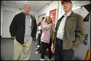 School Boardmember Alan Shulgon (left) waits for Tuesday’s election results with his wife and fellow School Boardmember, Hedy (center), and City Councilmember Robert Zwolak. Shulgon lost his bid to remain on the board.  