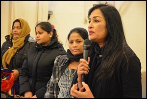 Cynthia Khan makes a pitch at the most recent Hamtramck SOUP event for her sewing instructional school that helps immigrant women learn a trade. Khan didn’t win the proceeds from the SOUP event but she is still seeking donations to expand her operation.