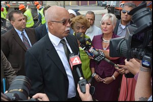 Above: Wayne County Executive Warren Evans was in Hamtramck Wednesday to talk with reporters about the need for road repair funding. Hamtramck City Manager Katrina Powell is on the right.