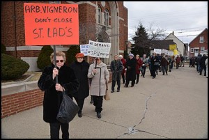 In February parishioners at St. Ladislaus demonstrated against a possible closing of their church. A decision about the church’s future has been put on hold.