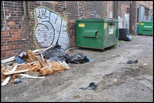 The alley on the east side of Jos. Campau near Caniff has been a favorite spot for illegal dumping. The city has been battling this problem for a number of years. Ultimately, though, it’s the responsibility of the building owner to clean up the dumping.
