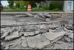 A rail line was exposed recently when Jos. Campau was dug up for a sewer line project.