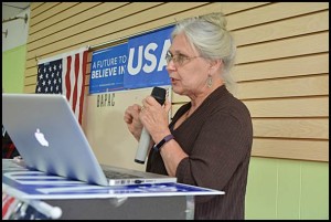  Mayor Karen Majewski speaks at a recent candidate forum. She is seeking her fourth term.