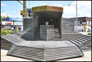 A monument stands at the corner of Jos. Campau and Hewitt where the Pope spoke. 