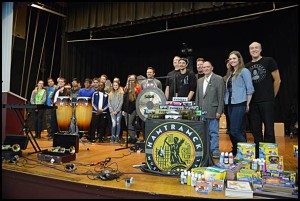 Hamtramck High School music students and organizers of the Hamtramck Music Festival pose for a photo at the high school auditorium.